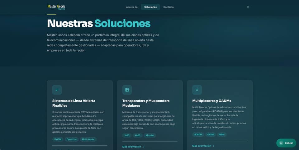 Sección de Soluciones técnicas de Master Goods Telecom