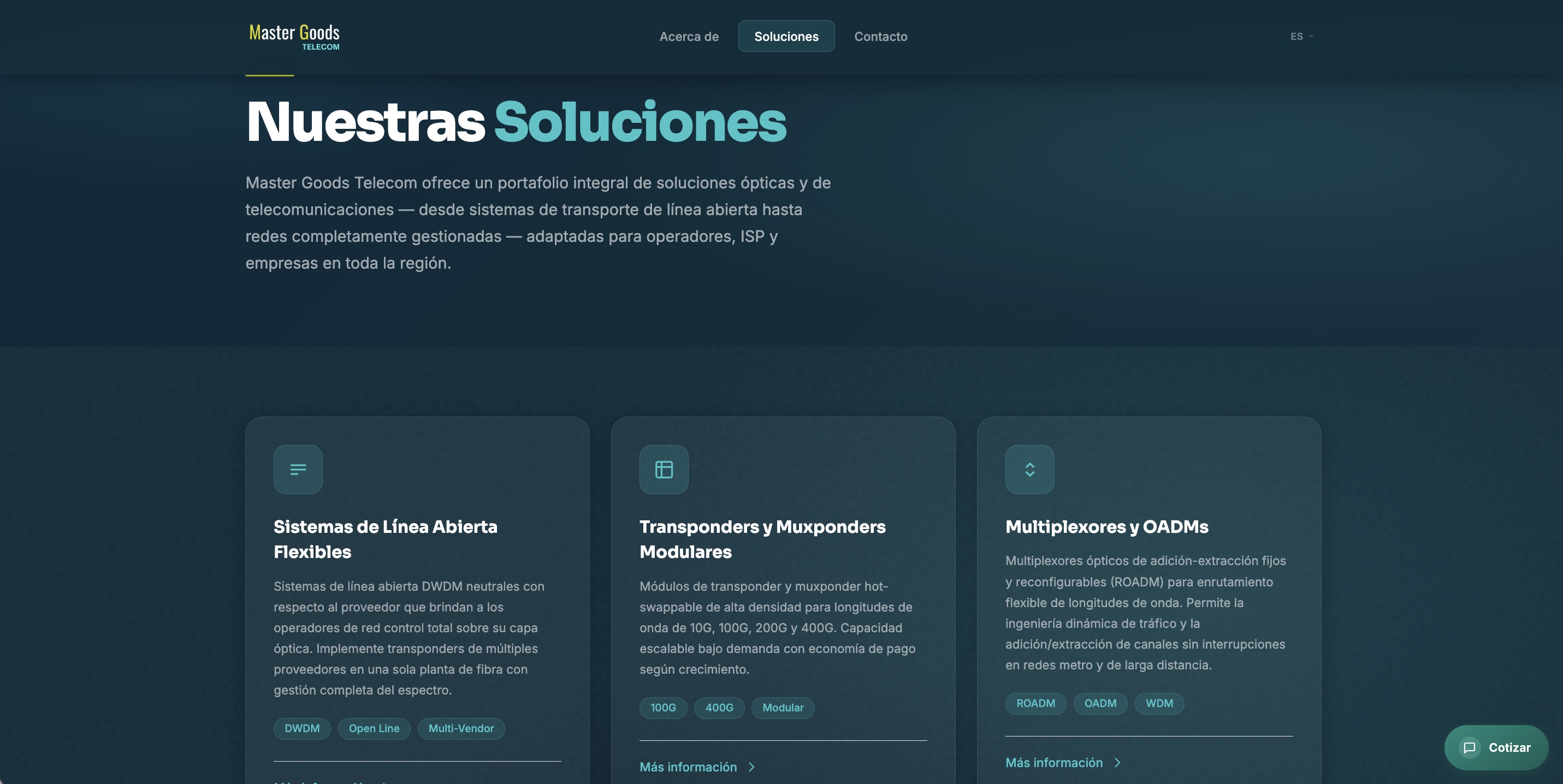 Sección de Soluciones técnicas de Master Goods Telecom